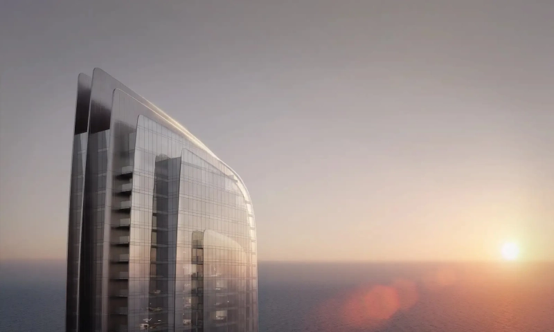 rendering at sunset of a luxury branded home