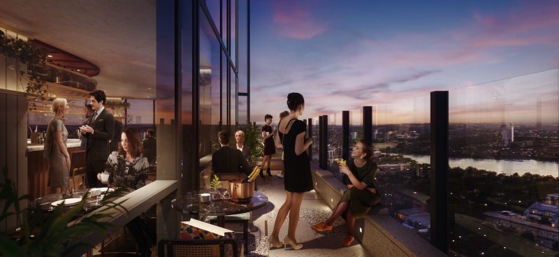 Rendering of a rooftop bar.Branded Residences News October Round Up