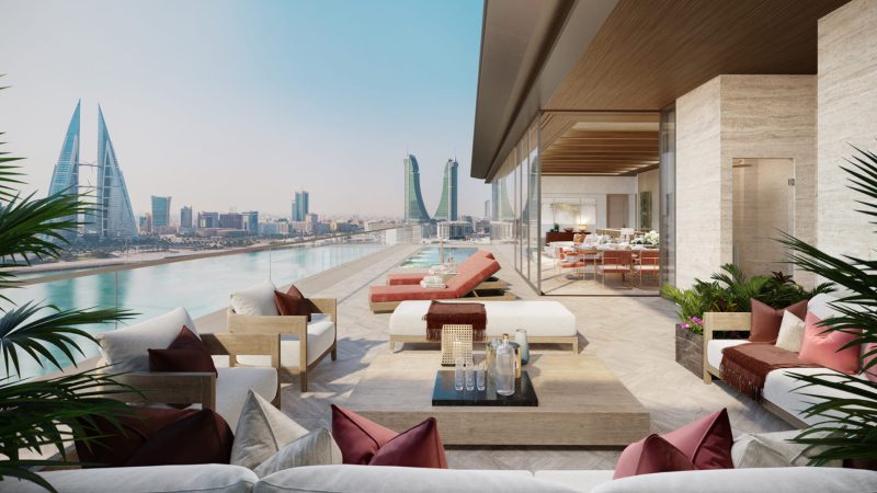 an exclusive branded residence bahrain overlooking the swimming pool with amazing city views