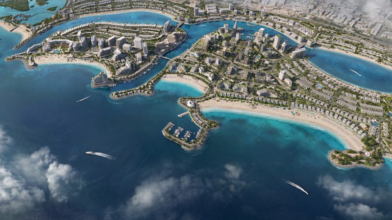 Arial view of Ras Al Khaimah featuring islands and luxury hotels and residences. The home for the upcoming newly announced project Four Seasons Resort and Residences Ras Al Khaimah at Mina