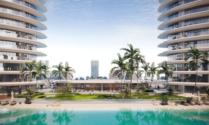 swimming pool area of Trussardi Residences Dubai which offers fully furnished branded residences in dubai