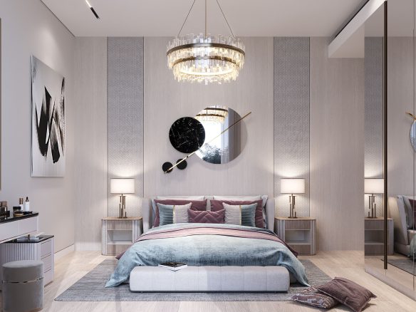 Luxuriously appointed bedroom in Jacob and Co beachfront mansions