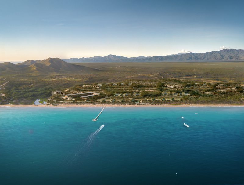 Ariel view of Raffles Estera East Cape and residences overlooking the ocean along the beach in Los Cabos