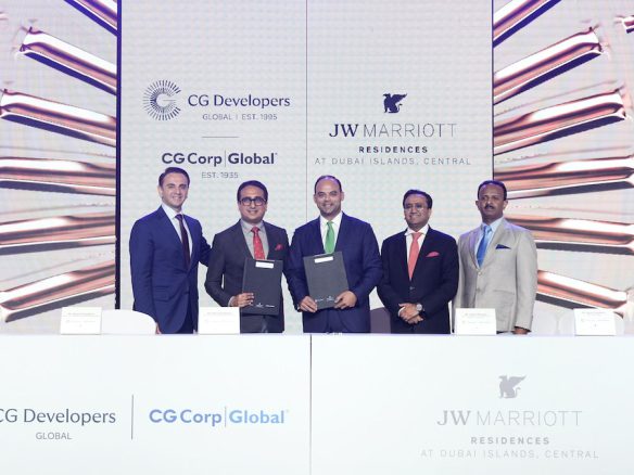 CG Developers Global announces signing with Marriott International and the launch of the first JW Marriott Residence in Dubai,L to R: Erden Kendigelen, Marriott International Regional Vice President, Rahul Chaudhary, MD, CG Corp Global & CGDevelopers Global, Jaidev Menezes, Regional Vice President, Mixed-Use Development (EMEA) Marriott International, Varun Chaudhary, MD, Corp Global, Jismon Thomas, Development Manager & CFO, CG Developers Global