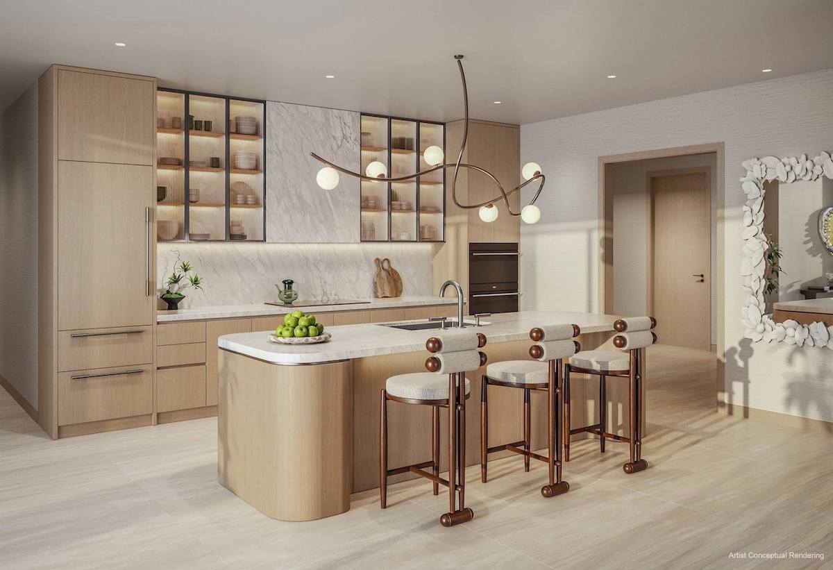 Each studio, one, two, and three-bedroom residence features custom kitchen cabinetry fabricated by Italian design house Italkraft, fully integrated Sub-Zero and Wolf appliance packages, custom bathroom cabinetry and countertops, Waterworks bathroom fixtures, and fully built-out closets. Contemporary lighting schemes and advanced smart home technologies will further enhance the living experience.