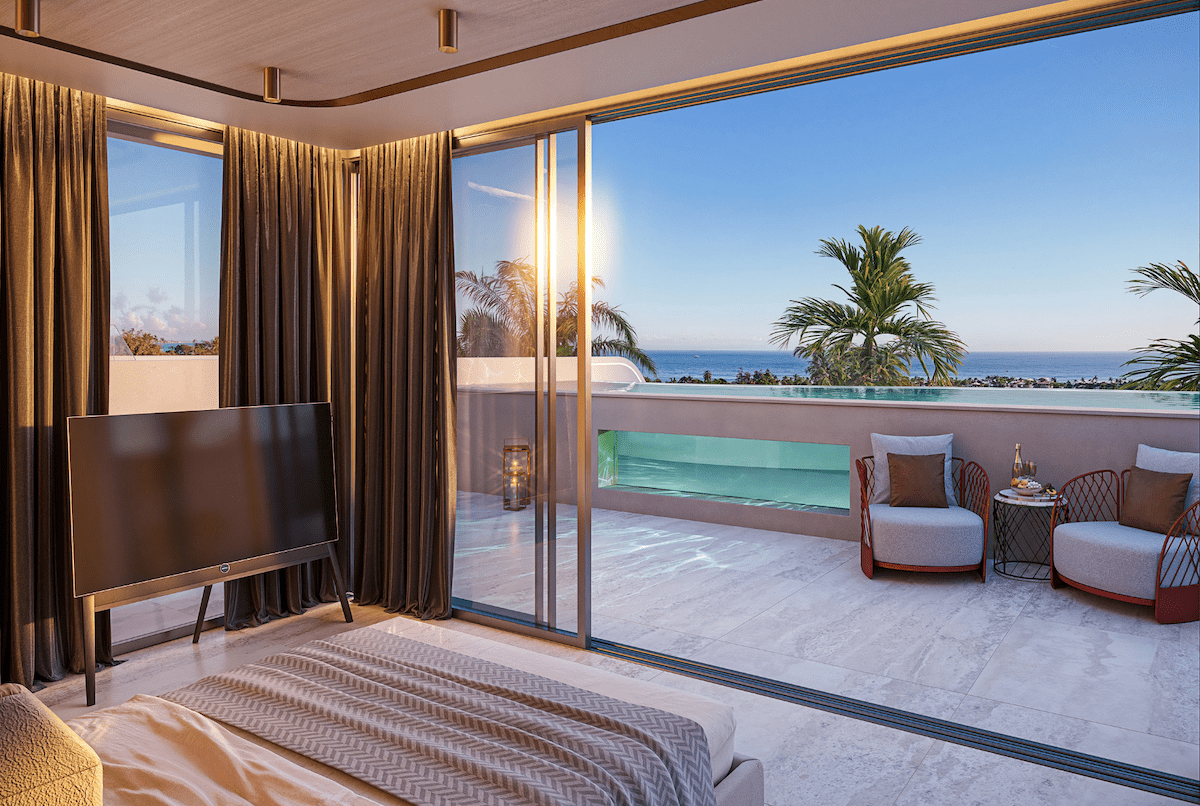 Elevated above the Golden Mile, the Skyline Penthouse redefines contemporary luxury with breathtaking panoramic views of the sea and La Concha