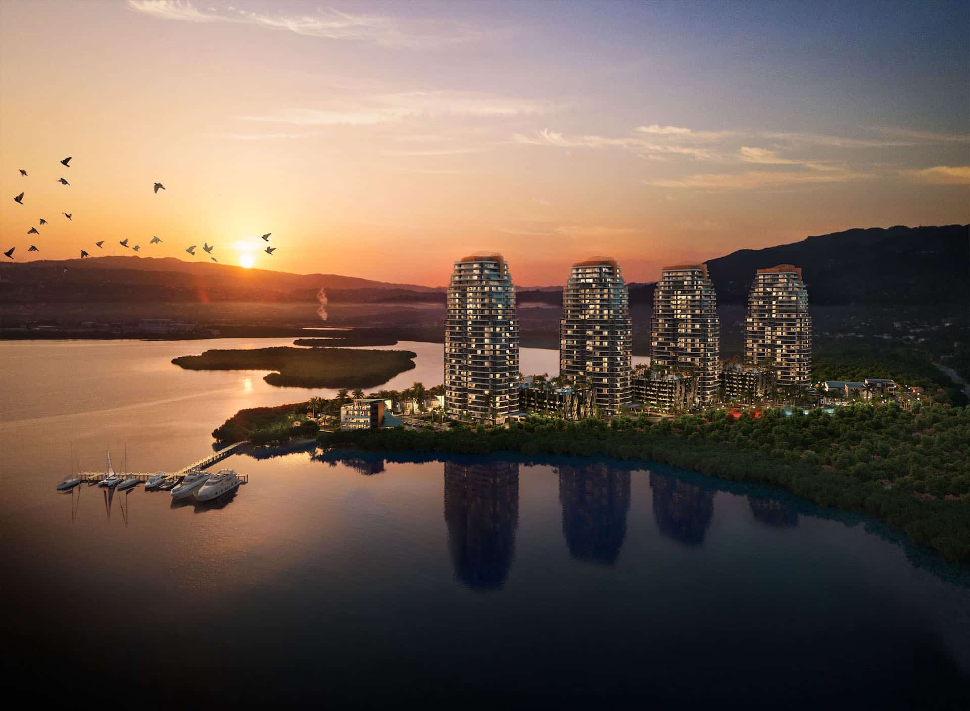 The Canary Tower Residences is one of four elegant towers at The Pinnacle, rising on Montego Bay’s private peninsula. It commands sweeping views across the Caribbean Sea