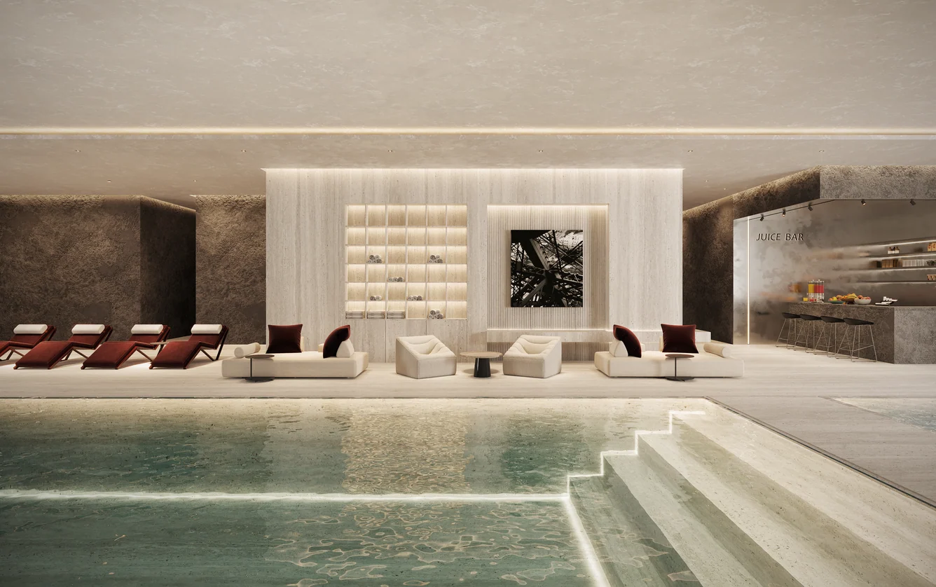Wellness facilities include a treatment room, sauna, steam room, juice bar, spin studio and panoramic gym