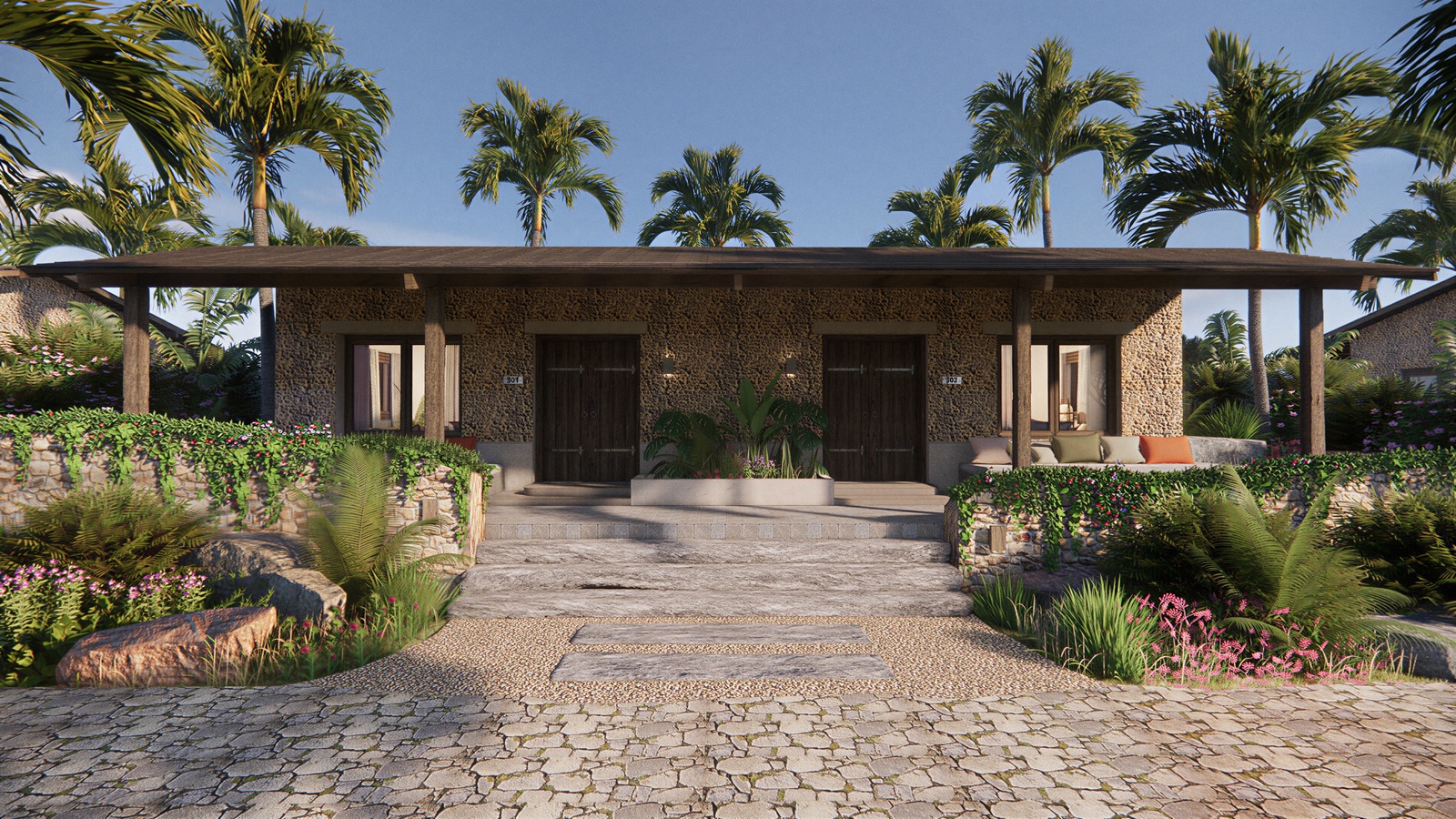 Kwetu is a semi-detached studio villa opening onto its own veranda and garden — the most accessible way to own at Liyongo.