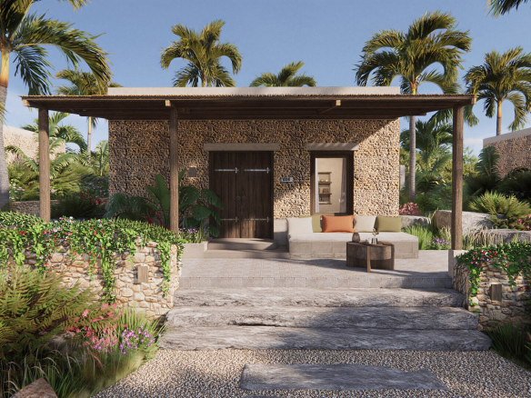 Makao. A detached one-bedroom villa with a wide veranda, extended open-living area and garden.